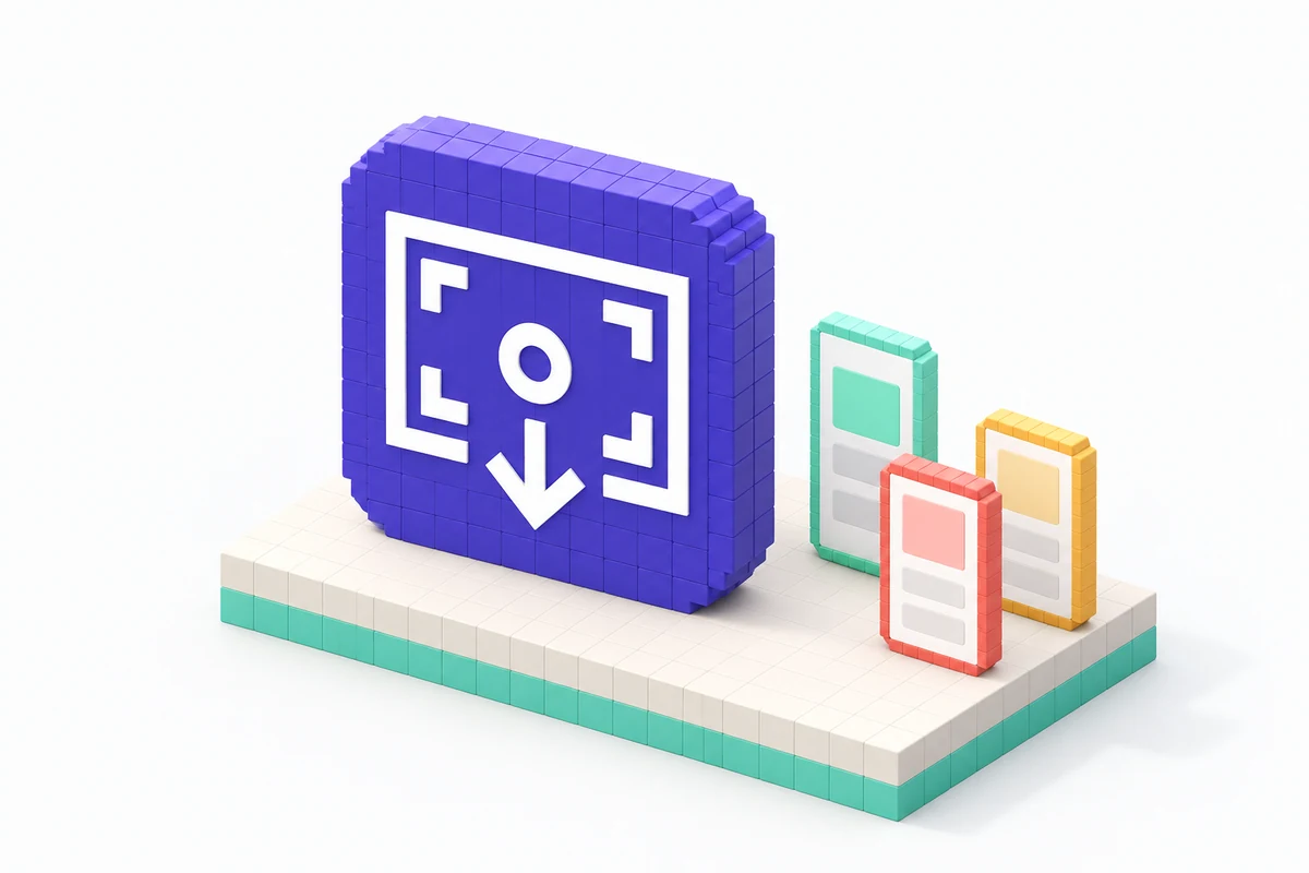 Voxel product illustration of DropShot’s purple screenshot-export icon and blank screenshot canvases.