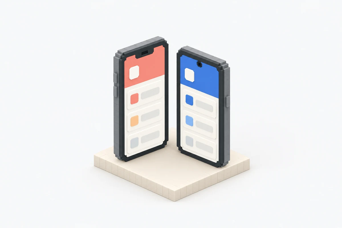 Original demo illustration of two coral and blue voxel phones with matching generic interfaces.